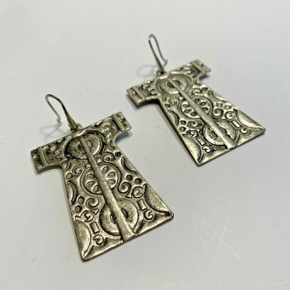 Retro look pierced earrings silver Tiki Kimono style robes drop & dangle Boho - Picture 2 of 4